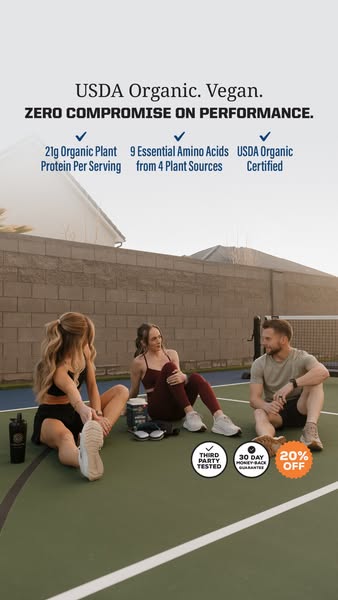 The ad showcases a vegan, USDA organic protein powder with 21g of protein per serving, emphasizing its performance benef