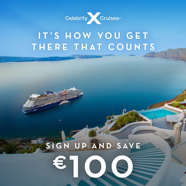 This image ad for Celebrity Cruises features a cruise ship on calm blue water, with the headline “IT'S HOW YOU GET T