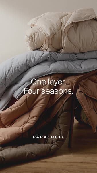 This image ad promotes Parachute's quilted throw blanket as an adaptable, season-spanning home essential. The ad fea