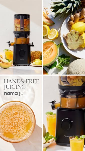 This ad for the Nama J2 juicer highlights its hands-free operation. The four panels show the juicer, ingredients, fresh 