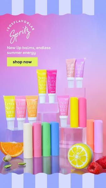 This image ad promotes the eos Flavor Lab Spritz line, highlighting its new lip balms for the summer. The ad features a 