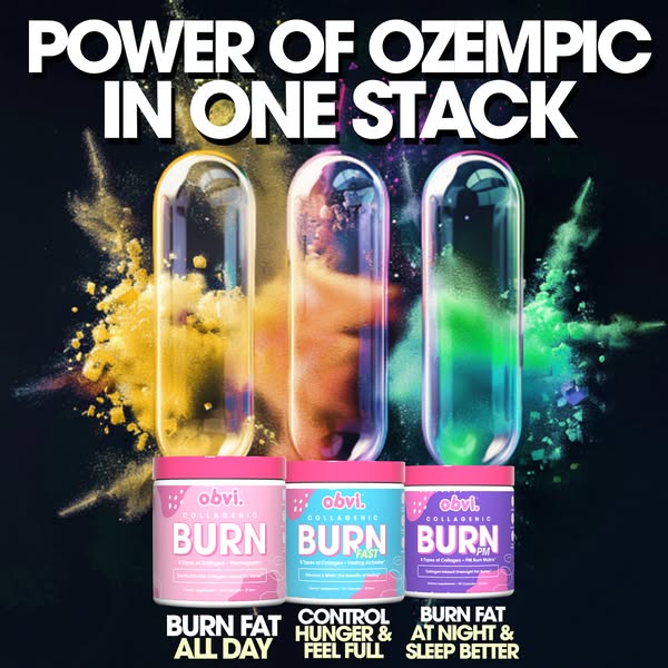 This ad promotes a collagenic supplement stack from Obvi, designed to help users burn fat, control hunger, and sleep bet