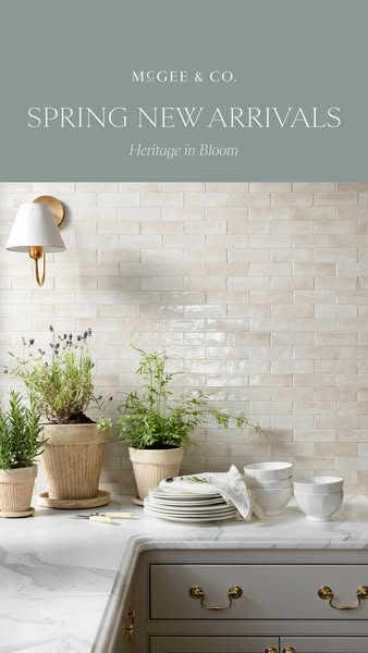 This image ad for McGee & Co. features plants, dishware, and cabinetry to promote their new spring arrivals.