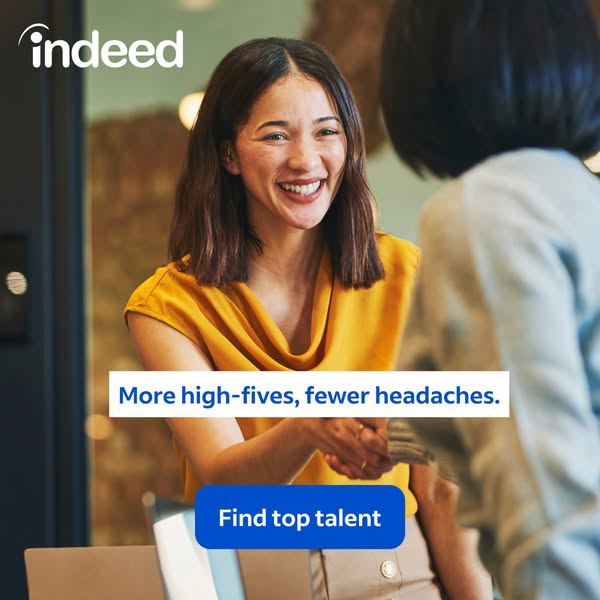 This ad for Indeed shows a woman smiling and shaking hands with someone, suggesting that using Indeed can lead to positi
