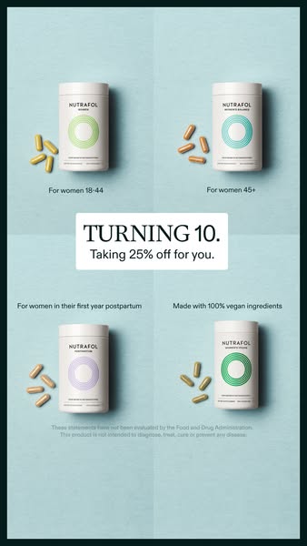 This ad is designed to celebrate Nutrafol's 10th birthday. It provides different formulations for women during vario