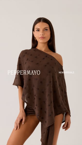 This ad showcases Peppermayo's new arrivals. A woman is pictured wearing a chocolate brown one-shoulder top with sho