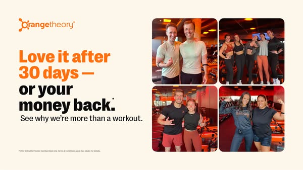 This image ad for Orangetheory Fitness uses a guarantee offer with authentic imagery to invite new customers to try the 