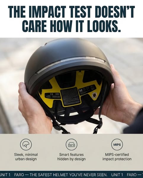 An image ad for Unit 1 Faro helmets that focuses on the functional safety of the product. The ad shows the helmet being 