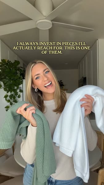 This ad showcases two pieces of clothing and a customer's direct testimonial, highlighting how often she reaches for