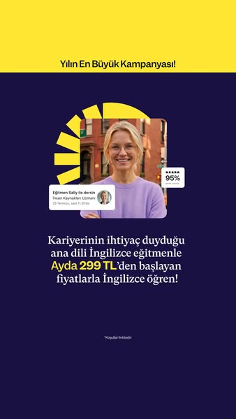 The ad image promotes English lessons. The image features a smiling woman in front of a city street background, overlaid