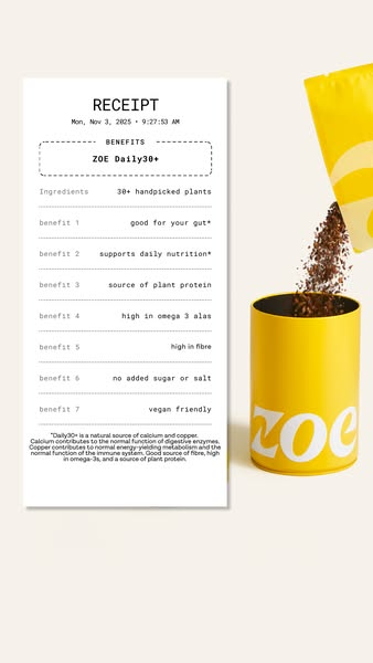 This ad showcases the benefits of ZOE Daily30+ by presenting them in the style of a receipt. The ad highlights the ingre