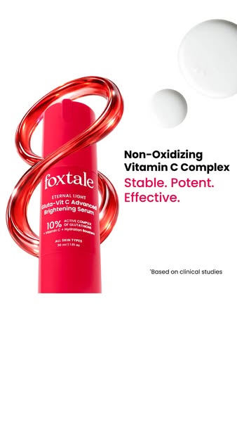The image ad showcases Foxtale's Gluta-Vit C Advanced Brightening Serum and highlights its key benefits. The brand e