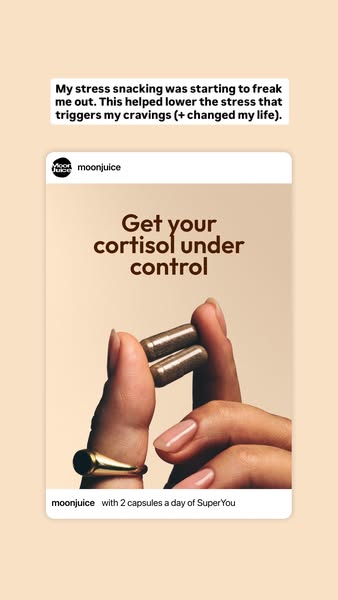 An image ad featuring Moon Juice's SuperYou capsules, highlighting how they alleviate stress snacking and control co