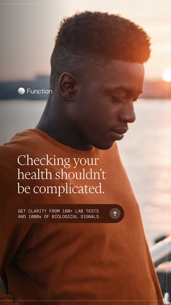 The ad highlights Function's offer to simplify and clarify health monitoring through over 160 lab tests. It targets 