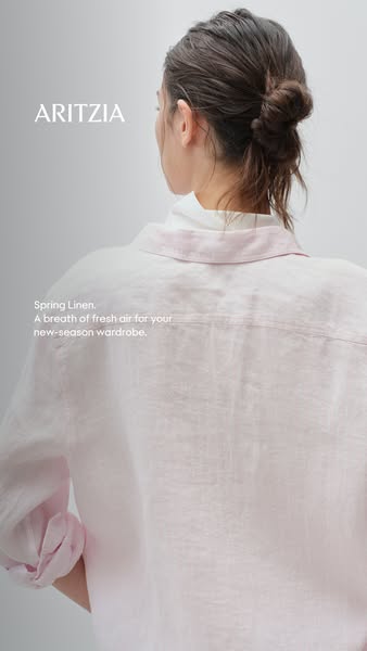This ad features a model wearing a light pink button-up shirt from behind. The shirt is linen and part of a new spring l