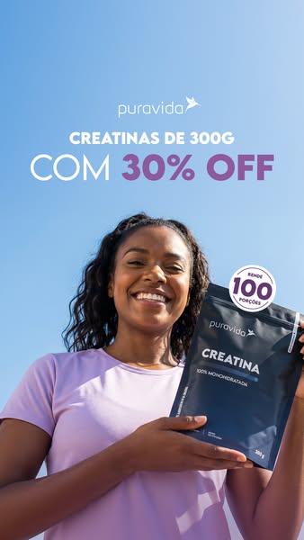 This image ad promotes Puravida Creatina with a 30% off discount. A smiling woman holds a bag of the creatine powder aga