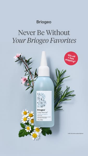 This ad for Briogeo features the Scalp Revival product in a flatlay style with floral accents. The ad promotes a limited