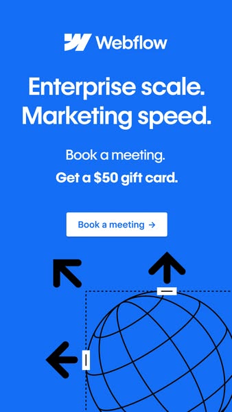 This image ad for Webflow is promoting enterprise scale with marketing speed with an offer for a $50 gift card when you 