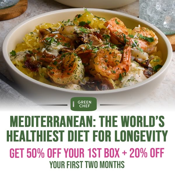This image ad for Green Chef promotes a Mediterranean diet plan, highlighting its health benefits and offering discounts