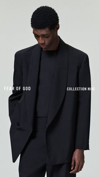 This image ad features a black blazer from FEAR OF GOD's COLLECTION NINE, highlighting its design and texture.