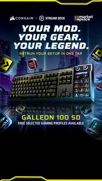 This ad showcases the Corsair Galleon 100 SD keyboard. It highlights the keyboard's customization options for gaming