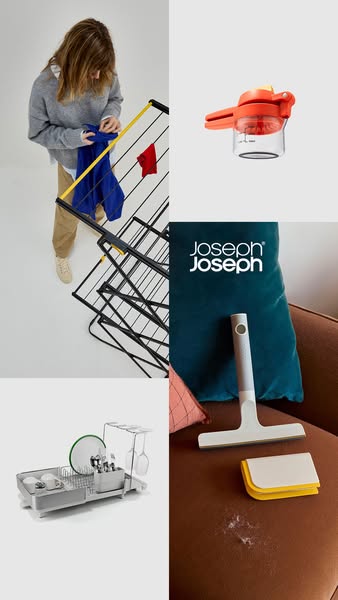 This ad for Joseph Joseph products showcases a variety of home products including a fold-away clothes drying rack, a cit