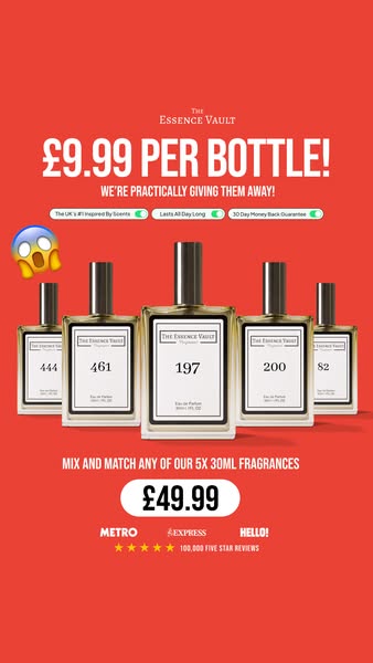 The image ad showcases 5 different fragrances from The Essence Vault. It includes a cost breakdown for one individual bo