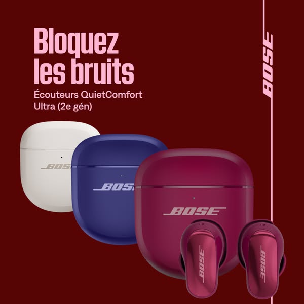 This image ad promotes the Bose QuietComfort Ultra earbuds. The ad highlights the noise-canceling feature of the earbuds