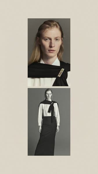 This ad showcases a woman modeling a black scarf and skirt with a white, long-sleeved shirt. The ad is split into two di