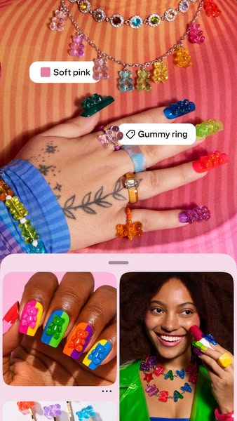 This ad showcases jewelry with gummy bear-themed designs, displayed on a person and as nail decorations, to highlight th