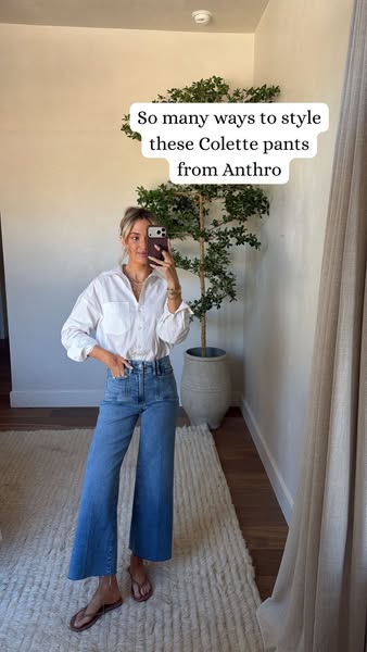 This ad features a woman wearing Colette pants from Anthropologie, styled with a white shirt and sandals. The image is d