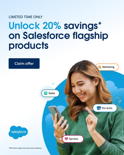This ad promotes a limited-time offer of 20% savings on Salesforce flagship products. It features a woman interacting wi