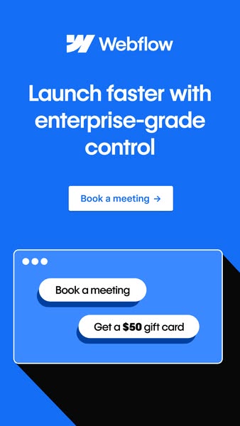 This ad promotes Webflow by communicating the functional benefits of using their enterprise-grade software. It lists out