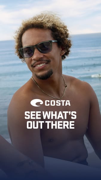 A close up shot of a man wearing Costa sunglasses outside by the ocean. "See what's out there" is overlaid
