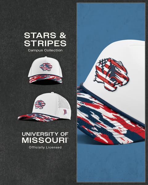 This ad is for University of Missouri merchandise. It showcases two different hats from the Stars & Stripes Campus C