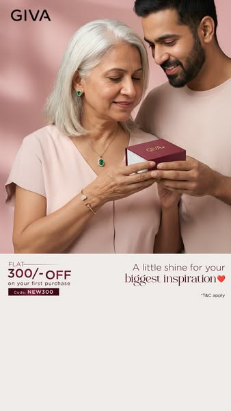 This ad features a mother and son admiring a piece of GIVA jewelry. The ad highlights a first-time purchase discount wit