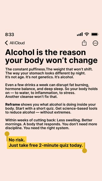 This ad uses a screenshot format to highlight the negative effects of alcohol on the body and promotes a quiz to help pe