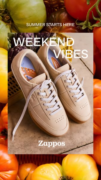 This ad promotes Zappos and features a pair of casual sneakers surrounded by fresh produce such as tomatoes and artichok