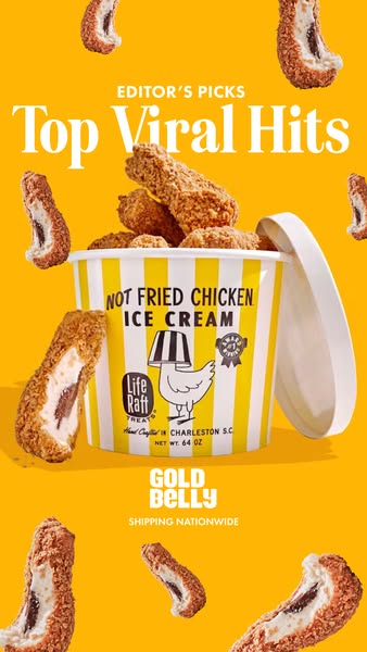 This image ad showcases Life Raft Treats' Not Fried Chicken Ice Cream, emphasizing its viral appeal and nationwide s