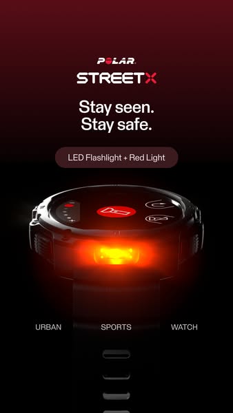 This image ad showcases the Polar Street X watch, highlighting its safety features with the tagline 'Stay seen. Stay