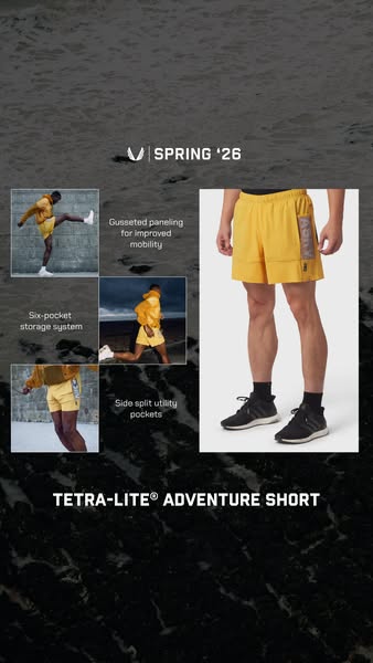 This ad showcases the Tetra-Lite Adventure Short, highlighting its features like gusseted paneling, six-pocket storage s