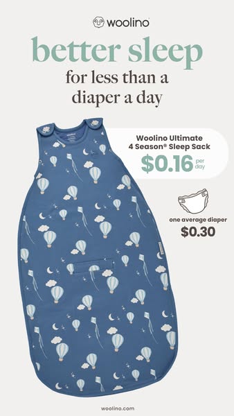 This ad features a Woolino Ultimate 4 Season Sleep Sack for babies and young children. It highlights the product's c