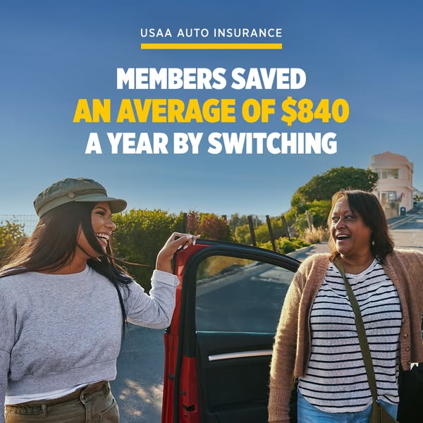 This image ad from USAA Auto Insurance shows two women happily standing by a car and promotes the average savings member