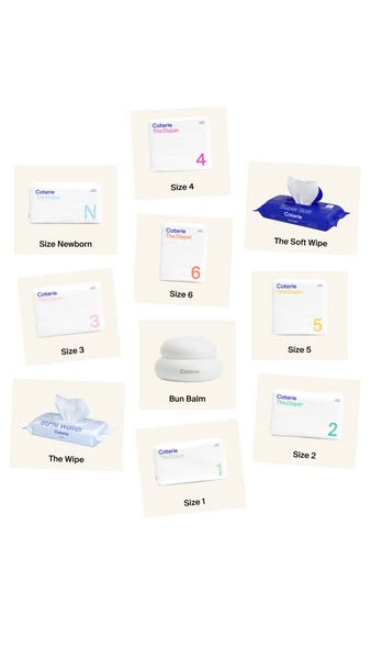 This ad showcases a variety of baby care products from Coterie, including diapers in different sizes, wipes, and a bun b