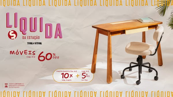 This ad promotes Tok&Stok furniture during a sale. It features a desk and chair set and advertises a discount of up