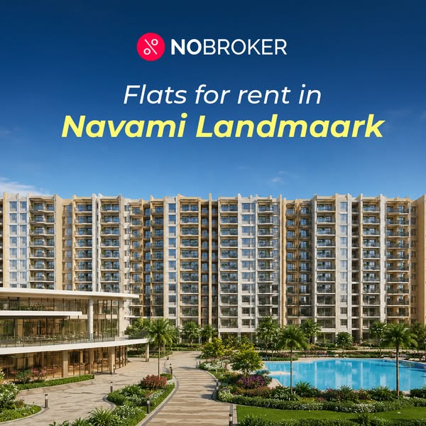 This ad promotes apartment rentals in Navami Landmaark, showcasing the exterior of a large complex and pool.