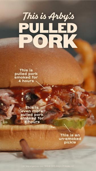 This ad uses onscreen annotations to describe the Arby's Pulled Pork sandwich. The ad highlights the pulled pork tha