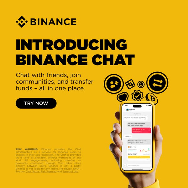 This ad showcases the Binance chat feature and highlights how users can chat with friends, join communities, and transfe