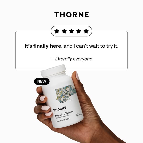 This ad features Thorne's Magnesium Glycinate supplement, highlighting its popularity and newness through a customer