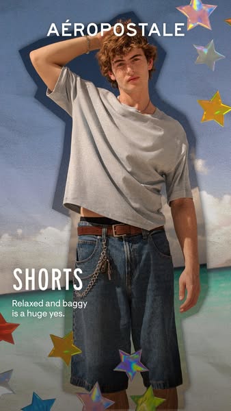 This Aeropostale ad features a young man wearing baggy denim shorts with a t-shirt. It positions the brand as embracing 
